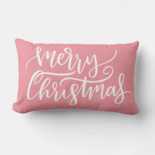 Elegant Modern Pink Merry Christmas Calligraphy Lumbar Cushion