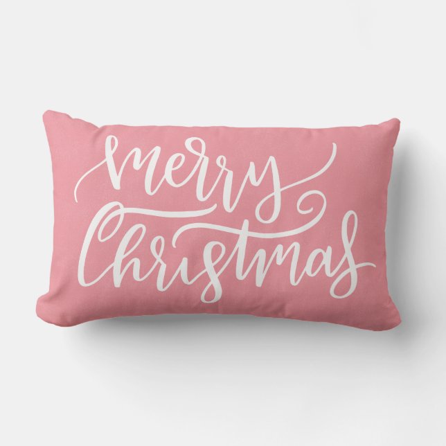 Elegant Modern Pink Merry Christmas Calligraphy Lumbar Cushion (Front)