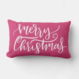 Elegant Modern Pink Merry Christmas Calligraphy Lumbar Cushion