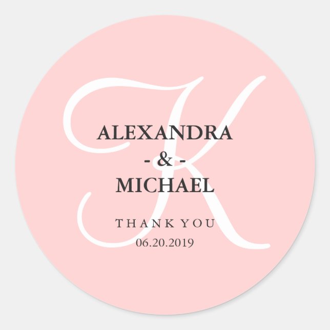 Elegant Modern Pink Monogram and Thank You Classic Round Sticker (Front)