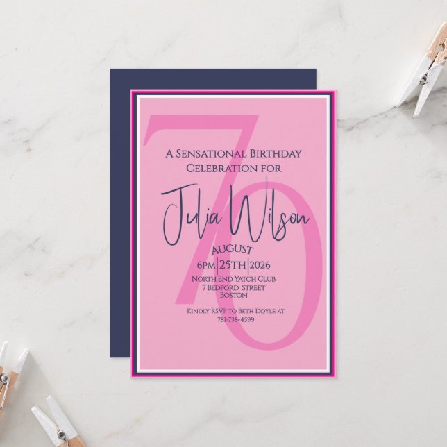 Elegant Modern Pink Navy Script Birthday  Invitation (Front/Back In Situ)