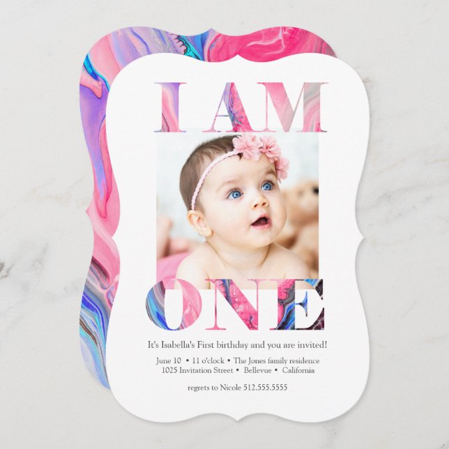 Elegant Modern Pink Photo 1st Birthday Invitation (Front/Back)