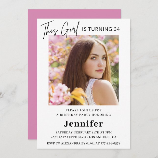 Elegant Modern Pink Photo 34th birthday Invitation (Front/Back)