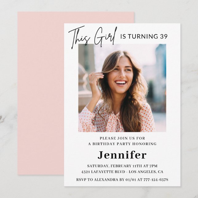 Elegant Modern Pink Photo 39th birthday Invitation (Front/Back)
