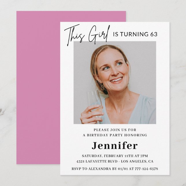 Elegant Modern Pink Photo 63rd birthday Invitation (Front/Back)
