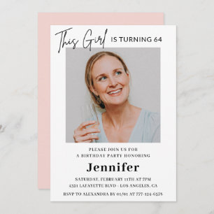 Elegant Modern Pink Photo 64th birthday Invitation