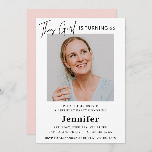Elegant Modern Pink Photo 66th birthday Invitation (Front/Back)