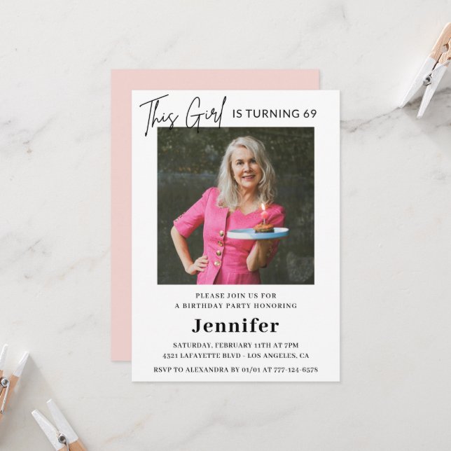Elegant Modern Pink Photo 69th birthday Invitation (Front/Back In Situ)