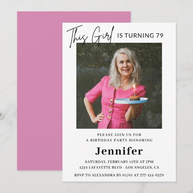 Elegant Modern Pink Photo 79th birthday Invitation (Front/Back)