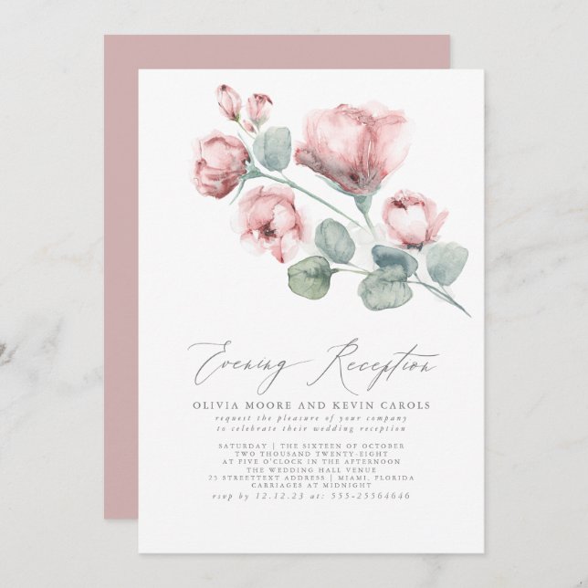 Elegant Modern Pink Rose Floral Evening Reception Invitation (Front/Back)
