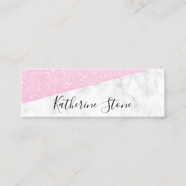 Elegant modern pink rose gold glitter white marble mini business card (Front)