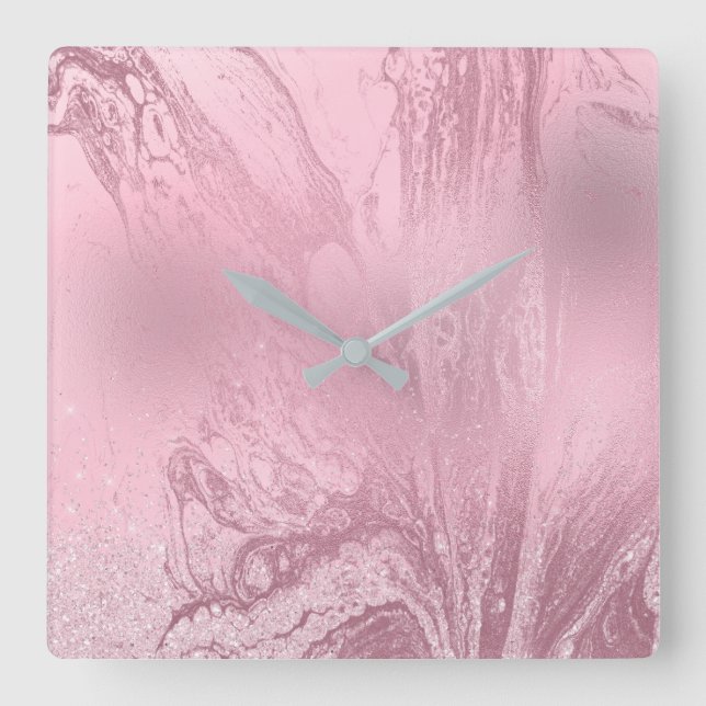 Elegant modern pink rose gold marble glitter square wall clock (Front)