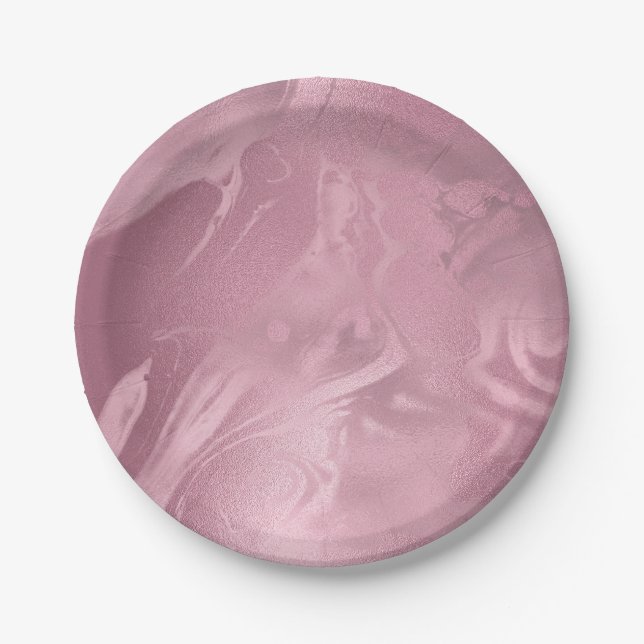 Elegant modern pink rose gold marble look paper plate (Front)
