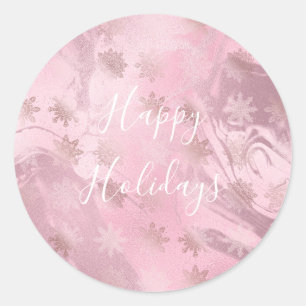 Elegant modern pink rose gold marble snowflakes classic round sticker