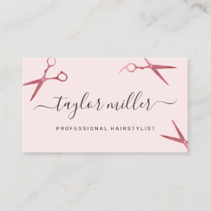 Elegant modern pink rose gold scissors hairstylist business card