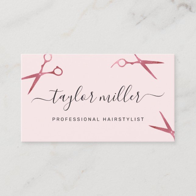 Elegant modern pink rose gold scissors hairstylist business card (Front)