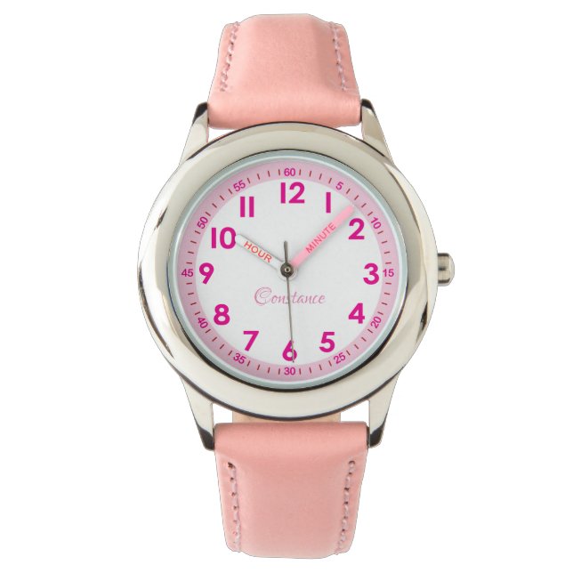 Elegant Modern Pink Stylish Custom Name Kids Watch (Front)