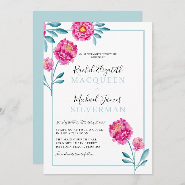 Elegant Modern Pink Teal Floral Border Wedding Invitation (Front/Back)