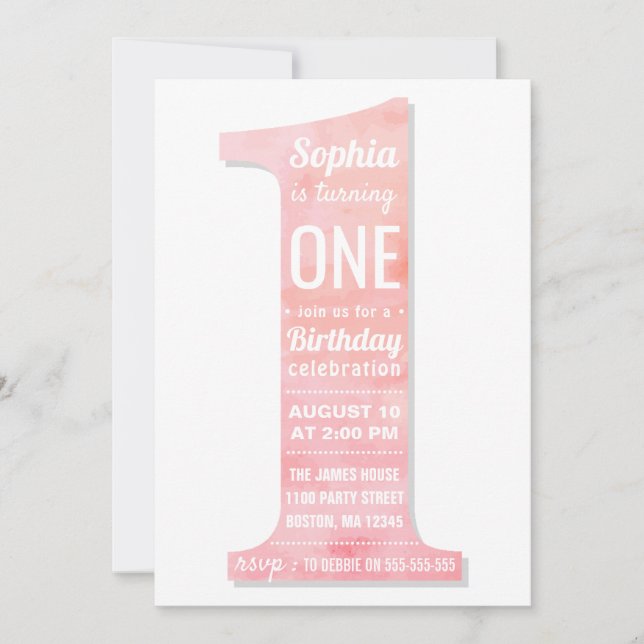 Elegant Modern Pink Watercolor Girl First Birthday Invitation (Front)