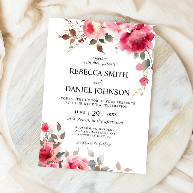 Elegant Modern Pink Watercolor Rose Floral Wedding Invitation (Creator Uploaded)