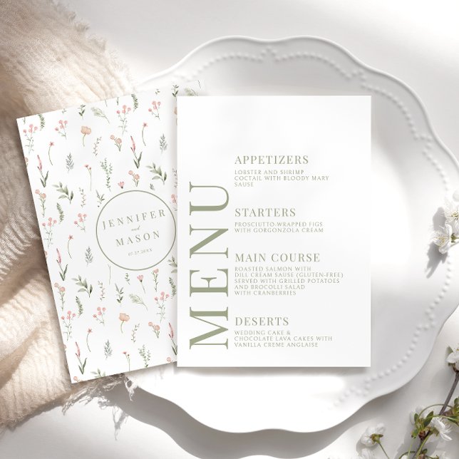 Elegant modern pink wildflower wedding menu cards (Creator Uploaded)