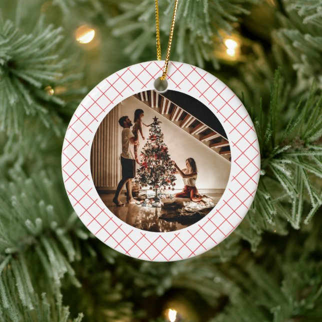 Elegant Modern Plaid Christmas Family Photo Ceramic Ornament (Tree)