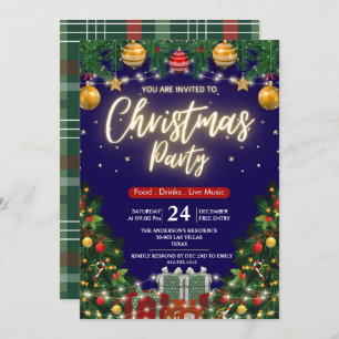 Elegant Modern Plaid Green Christmas Party Invitation
