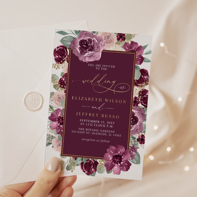 Elegant Modern Plum Gold Botanical Floral Wedding (Elegant Modern Plum Gold Botanical Floral Wedding Foil Invitation)