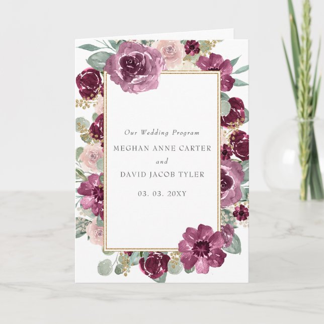 Elegant Modern Plum Gold Botanical Floral Wedding Program (Front)