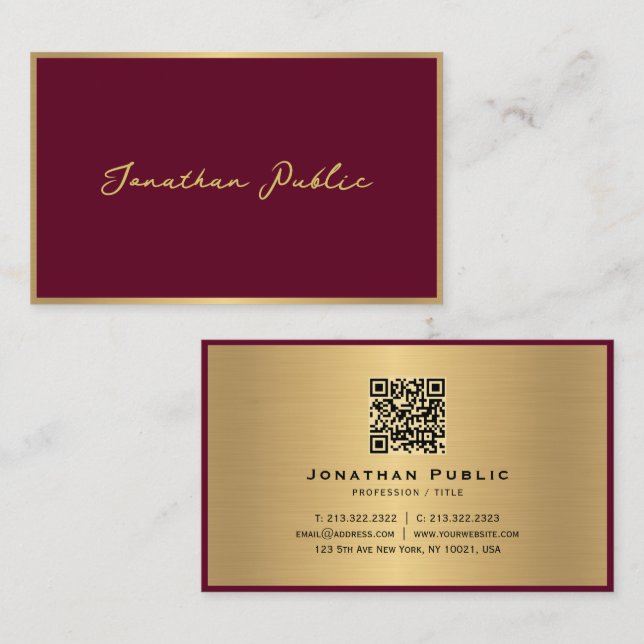 Elegant Modern Professional Script Bordeaux Gold Business Card (Front/Back)