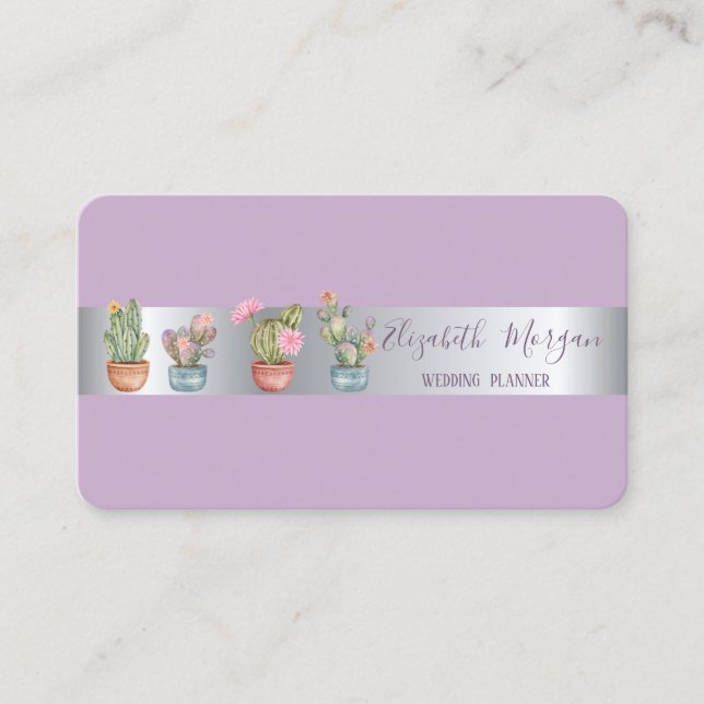 Elegant Modern Professional Silver Stripe Cactus Business Card (Front)