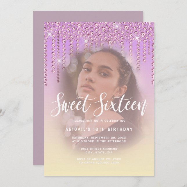 Elegant modern purple diamond drips sweet sixteen invitation (Front/Back)