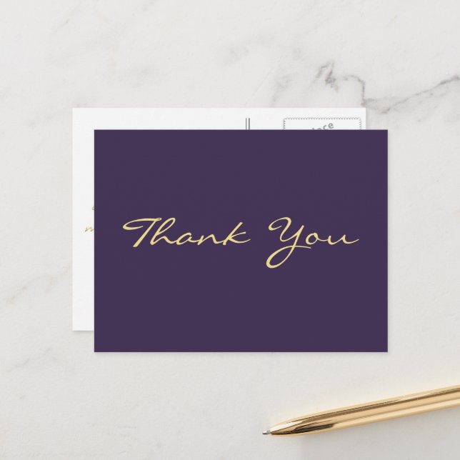 Elegant Modern Purple Faux Gold Script Thank You Postcard (Front/Back In Situ)
