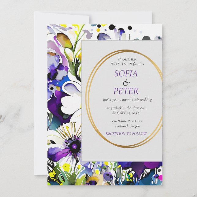 Elegant modern purple floral invitation (Front)