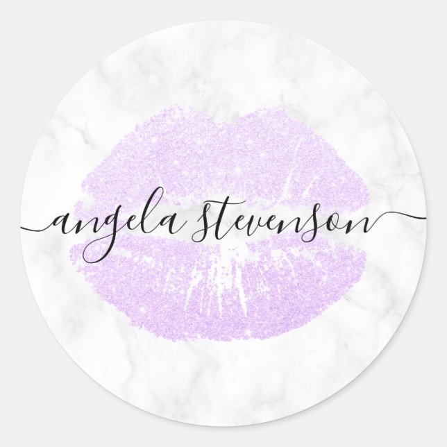 Elegant modern purple glitter lips white marble classic round sticker (Front)
