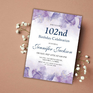 Elegant modern purple & gold floral 102nd birthday invitation
