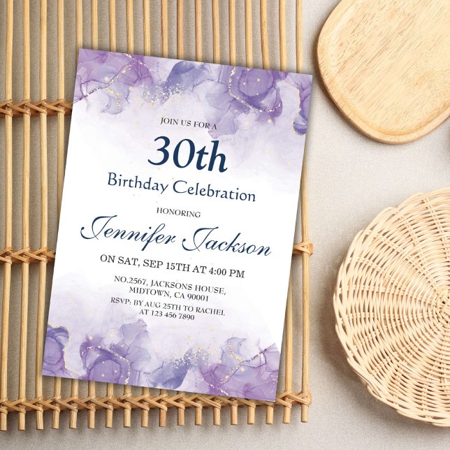Elegant modern purple & gold floral 30th birthday invitation (Creator Uploaded)