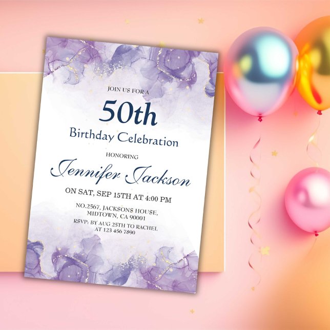 Elegant modern purple & gold floral 50th birthday invitation (Creator Uploaded)