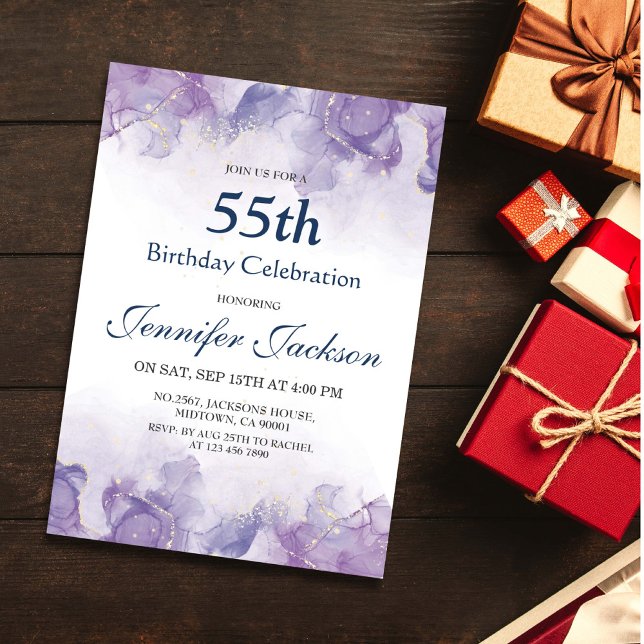 Elegant modern purple & gold floral 55th birthday invitation (Creator Uploaded)