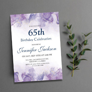 Elegant modern purple & gold floral 65th birthday invitation