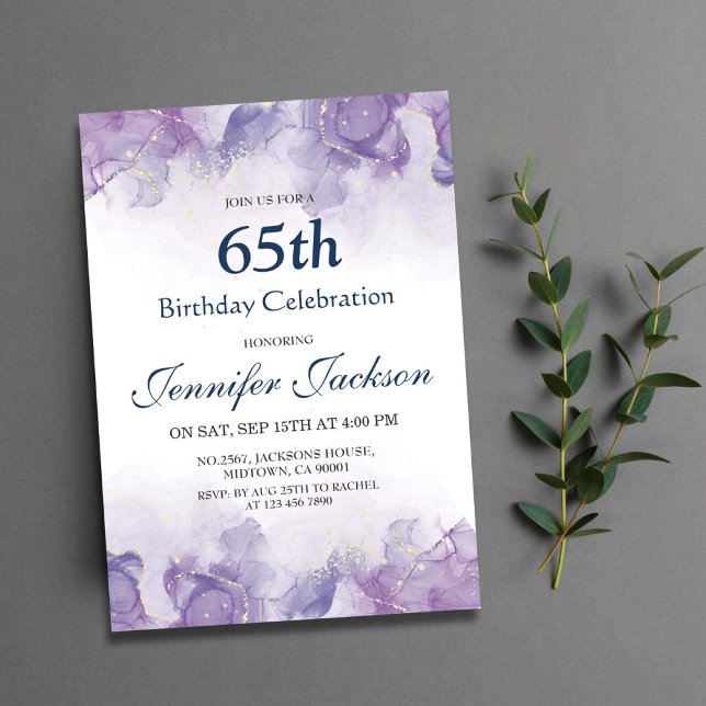 Elegant modern purple & gold floral 65th birthday invitation (Creator Uploaded)