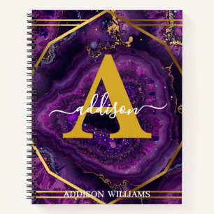 Elegant Modern Purple Gold Glitter Agate Monogram Notebook