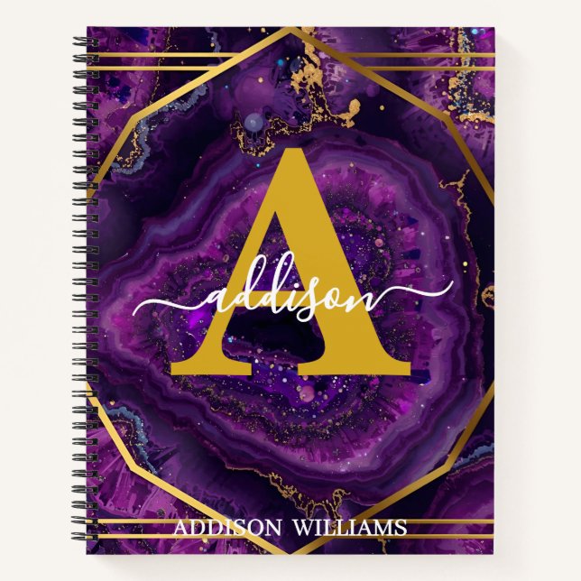 Elegant Modern Purple Gold Glitter Agate Monogram Notebook (Front)