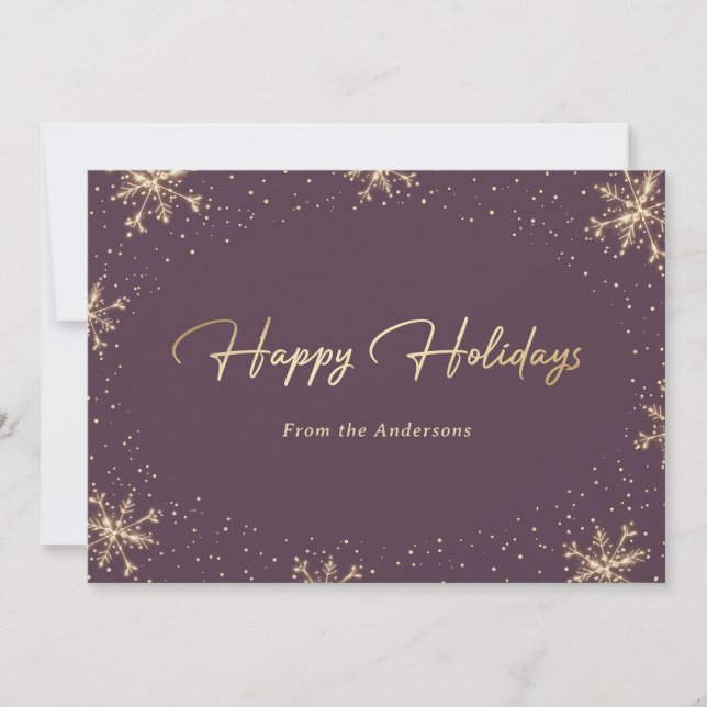 Elegant Modern Purple Gold Snowflake Holiday Card (Front)