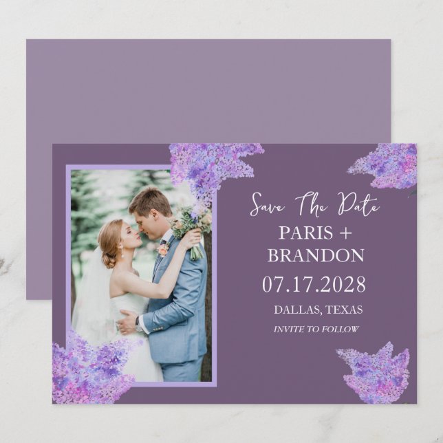 Elegant Modern Purple Lilac Floral Photo Wedding  Save The Date (Front/Back)