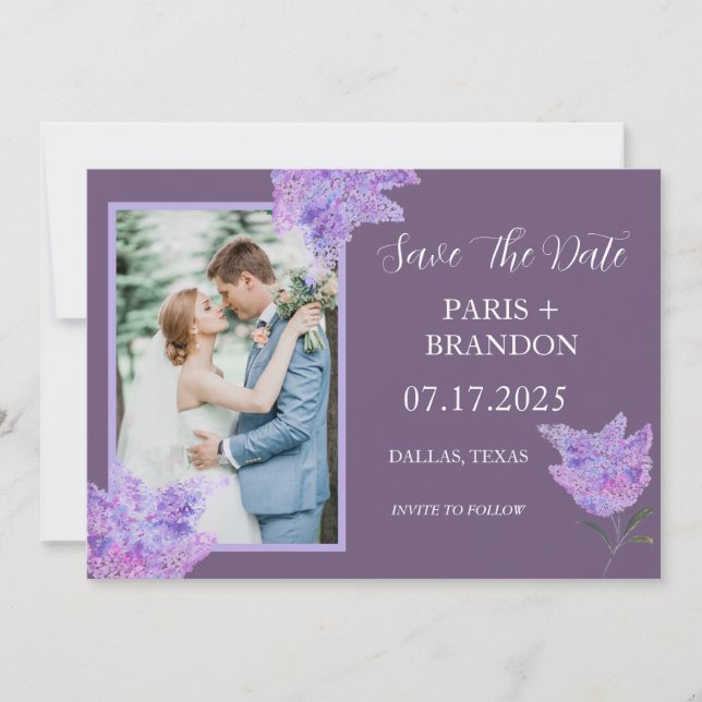 Elegant Modern Purple Lilac Floral Photo Wedding  Save The Date (Front)
