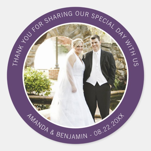 Elegant Modern Purple Wedding Thank You Photo Classic Round Sticker (Front)