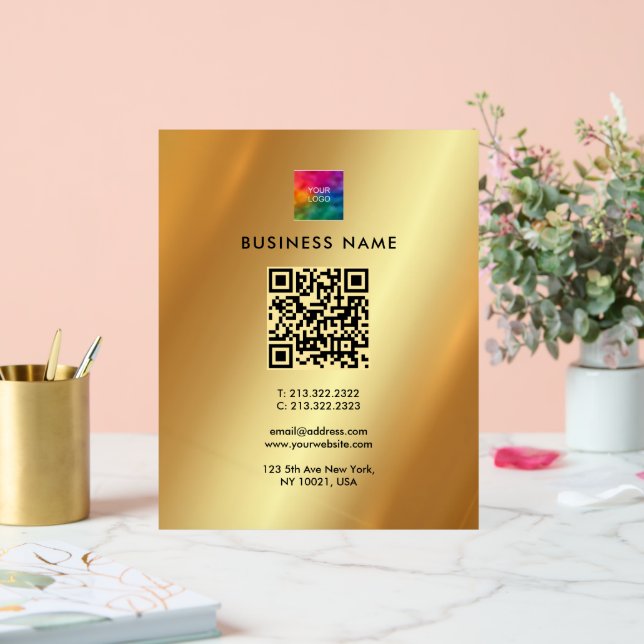 Elegant Modern QR Code Upload Your Logo to Gold Acrylic Sign (Wedding)
