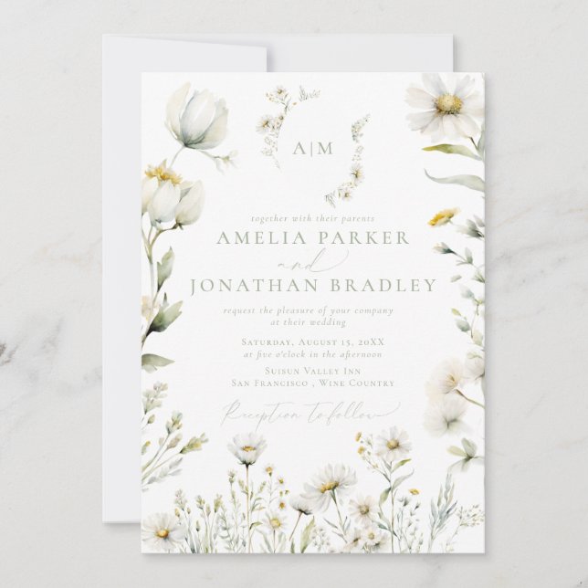 Elegant Modern  QR Code Wildflowers Wedding Invitation (Front)