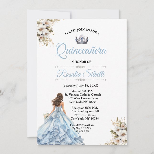 Elegant Modern Quinceanera Blue and Silver Invitation (Front)